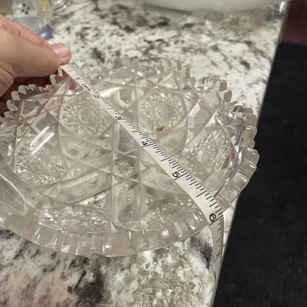 Antique 1890s-1910s Am Brilliant Cut Glass Dish w/ Sawtooth Rim and Loop Handle